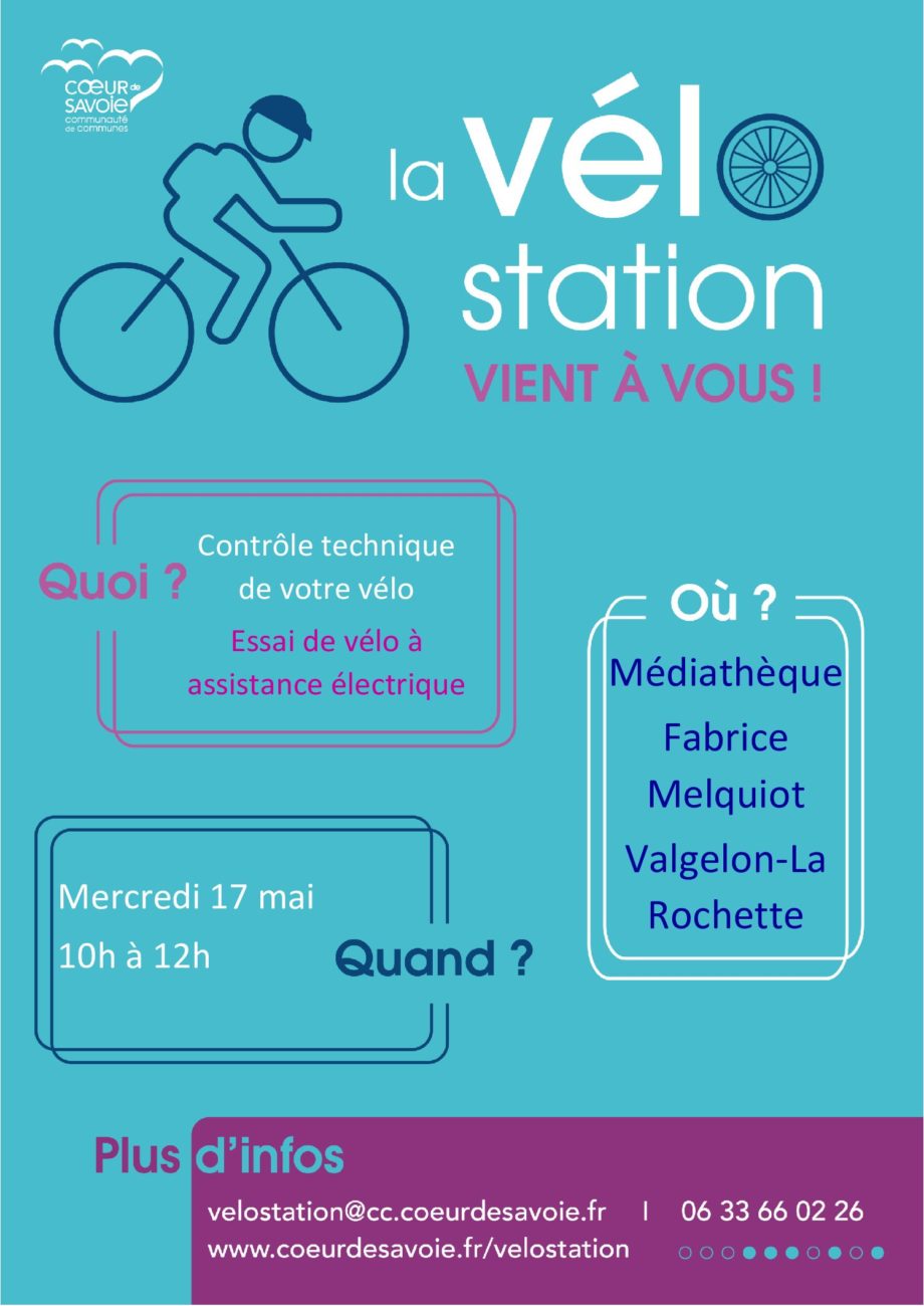 La médiathèque accueille à nouveau cette animation du service mobilité de Cœur de Savoie.
Deux objectifs :
-	Faire des contrôles techniques de vélos : un diagnostic du vélo pour voir ce qu’il faudrait changer ou faire réparer.
-	Faire essayer des vélos à assistances électriques. 
Tout est gratuit et il n’y a pas de réservations nécessaires. 
Rendez-vous mercredi 17 mai de 10h à 12h devant la médiathèque.