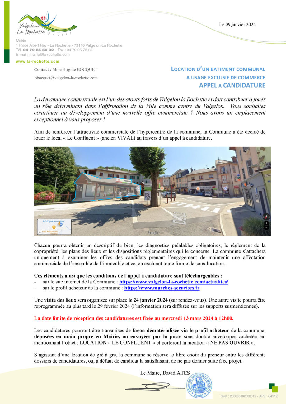 APPEL À CANDIDATURE : LOCAL COMMERCIAL COMMUNAL